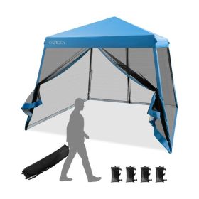 10 x 10 Feet Pop Up Canopy with Mesh Sidewalls and Roller Bag (Color: Blue)