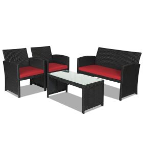 4 Pieces Rattan Patio Furniture Set with Weather Resistant Cushions and Tempered Glass Tabletop (Color: Red)