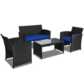 4 Pieces Rattan Patio Furniture Set (Color: Navy)