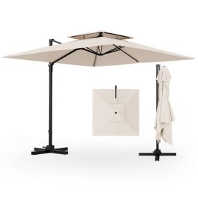 9.5 Feet Cantilever Patio Umbrella with 360Â° Rotation and Double Top (Color: Beige)