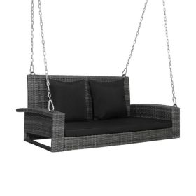 2-Person Patio PE Wicker Hanging Porch Swing Bench Chair Cushion 800 Pounds (Color: Black)