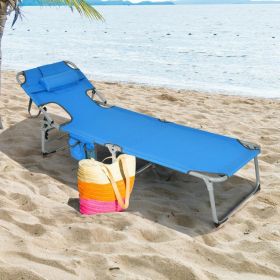 Folding Beach Lounge Chair with Pillow for Outdoor (Color: Blue)