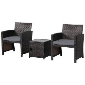 3 Pieces Patio Wicker Furniture Set with Storage Table and Protective Cover (Color: Gray)