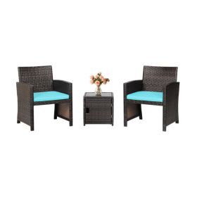 3 Pieces Patio Wicker Furniture Set with Storage Table and Protective Cover (Color: turquoise)