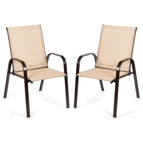 2 Pieces Patio Outdoor Dining Chair with Armrest (Color: Beige)