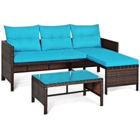 3 Pieces Outdoor Patio Corner Rattan Sofa Set (Color: turquoise)