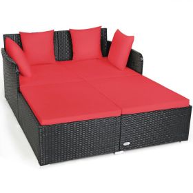 Spacious Outdoor Rattan Daybed with Upholstered Cushion (Color: Red)