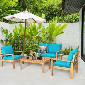 4 Pieces Patio Acacia Wood Thick Cushion Loveseat Sofa Set (Color: turquoise)