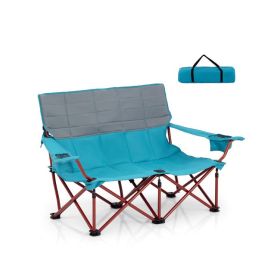 Oversized Camping Chair Folding Loveseat Camping Couch with Cup Holders & Thick Padding (Color: Navy Blue)